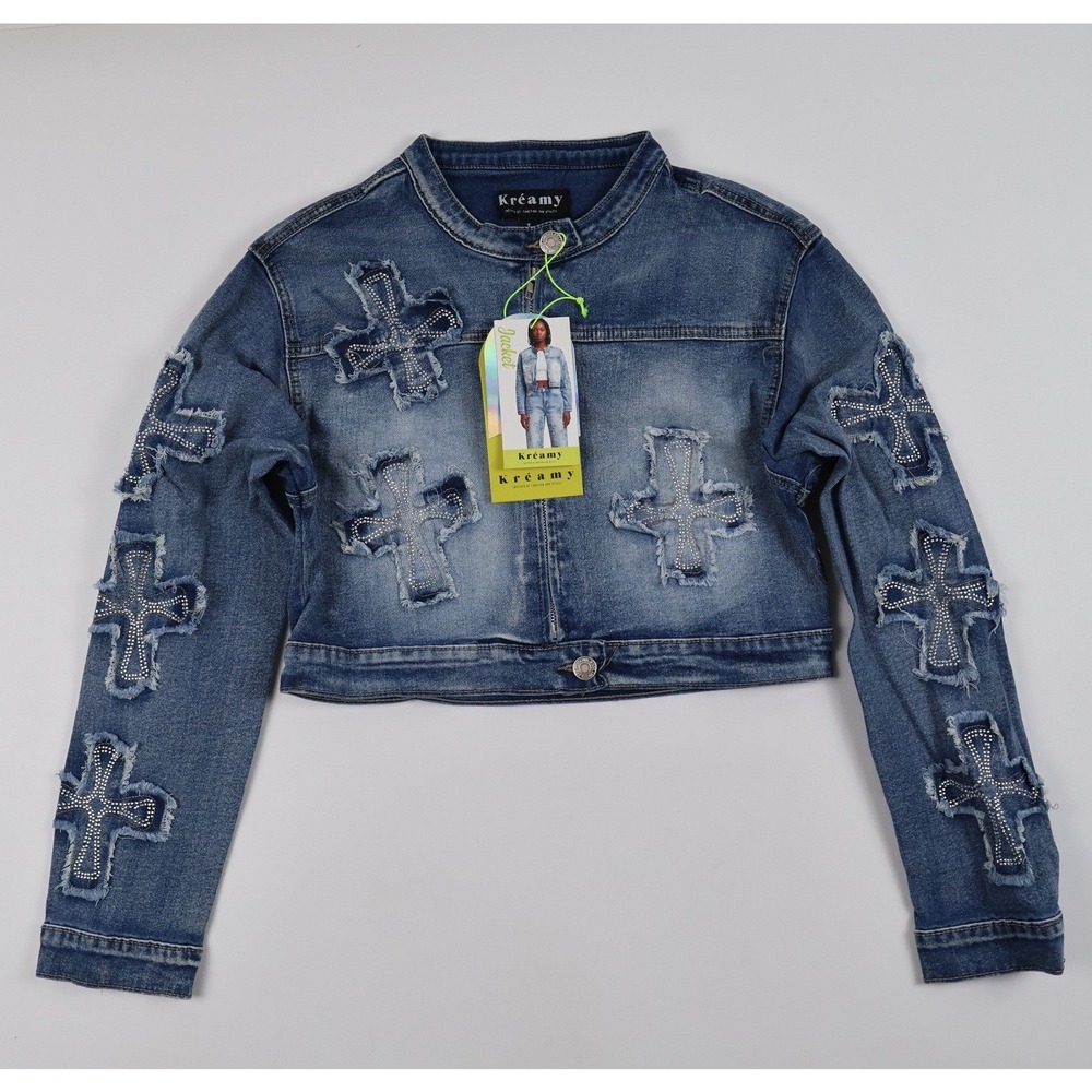 Kreamy Denim Jacket Rhinestone Cross Distressed Acid Blue Large NWT